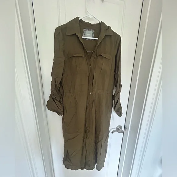 Anthropologie Maeve Olive Roll Up Sleeve Shirt Dress Adjustable Cinch Waist  4 - Picture 2 of 5